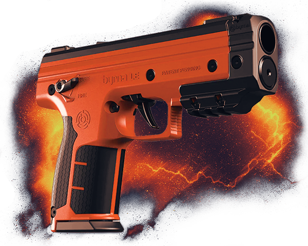 An orange Byrna LE launcher with orange and yellow lighting behind it